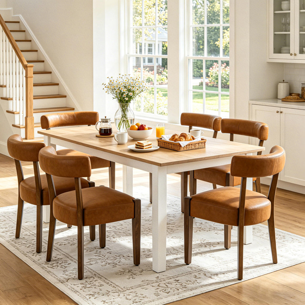RNKSFX Modern Dining Chairs Set of 4, Faux Leather Upholstered Kitchen & Dining Room Chairs, Mid Century Modern Wooden Dining Chairs Oversized Sturdy Rounded Chairs Curved Back, Beige