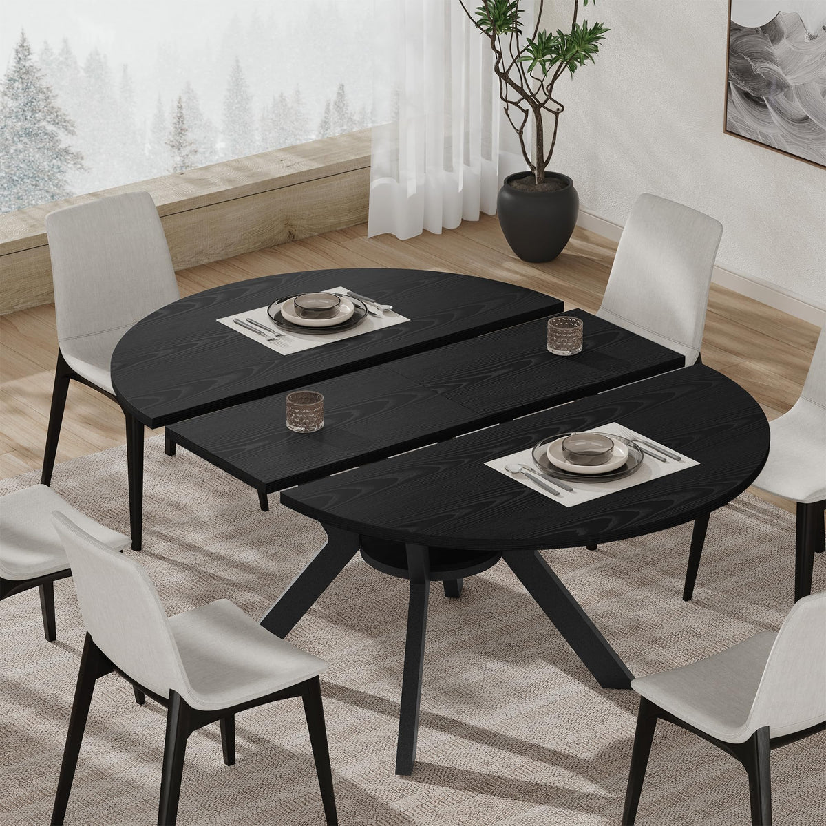 42"-58" Extendable Round Dining Table for 4-6, Kitchen Oval Table with Built-in Flip Leaf & Storage Shelf, Space Saving Modern Design with Sturdy Metal Legs for Kitchen, Living Room & Small Apartments