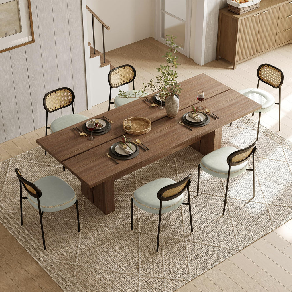 Rattan Dining Chairs Set of 2, Green Leather Upholstered Dining Chairs with Rattan Cane Back, Mid Century Modern Dining Room Chairs with Black Metal Legs & D-Shaped Thicken Cushion, Green