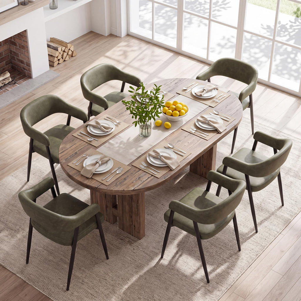 HNY Modern Dining Room Arm Chairs Set of 6, Retro Faux Leather Upholstered Barrel Dining Chairs with Arms Mid-Century Brown Accent Chair with Metal Legs, Open-Back Kitchen Side Chair for Living Room