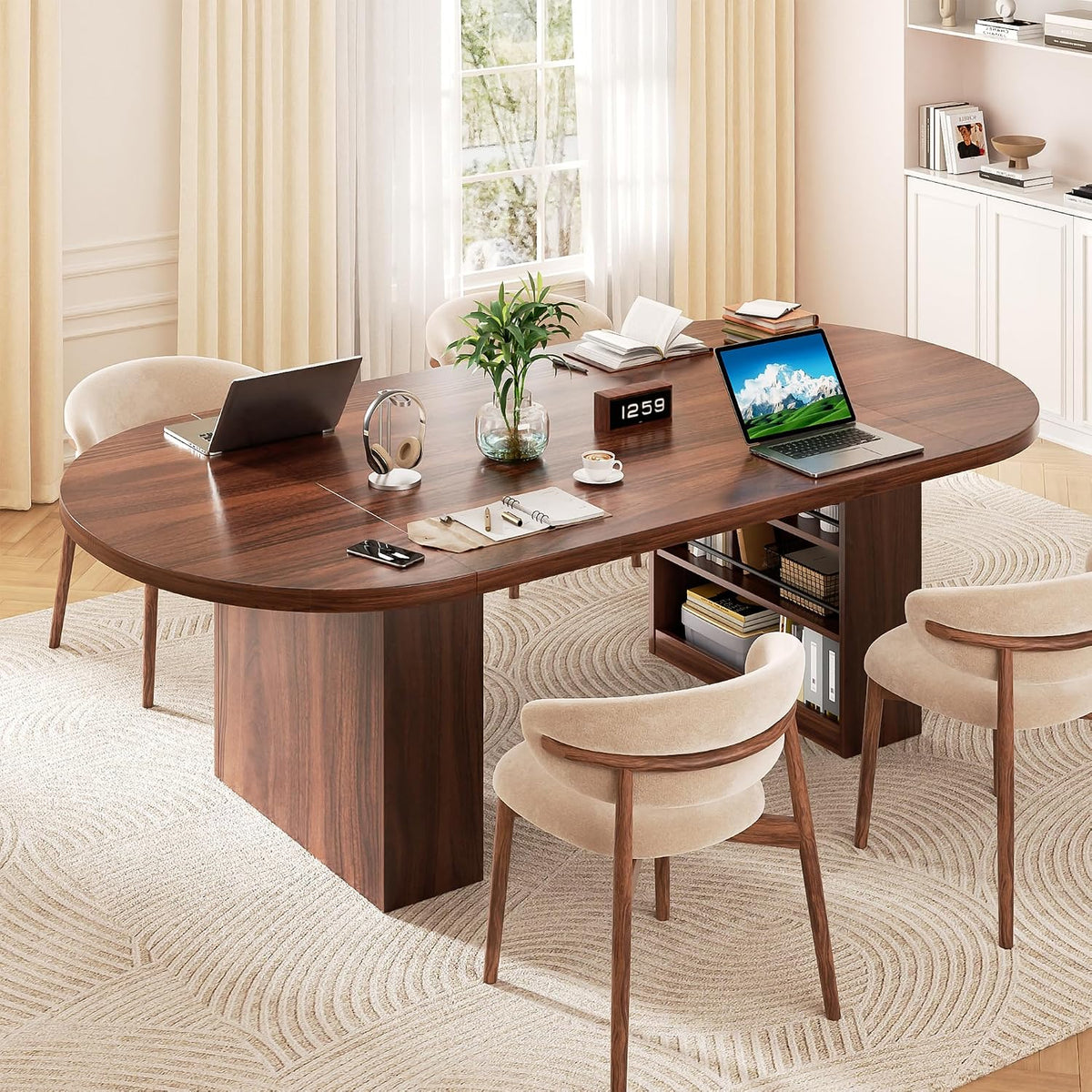Jocoevol 70.8" Oval Dining Table for 6-8, Modern Dining Room Table with 3-Tier Storage Shelf, Wood Dinner Tables with Heavy Duty Pedestal Base for Kitchen Living Room - Walnut