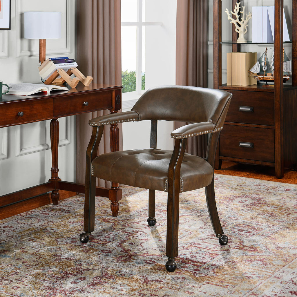 LEEMTORIG Large Dining Chairs with Casters and Arms, Rolling Dining Chairs with Wheels, Accent Game Poker Chairs, Wood Boss Caption's Chairs, 26“Dx25.2 Wx31.5“H, Cherry Legs & Ivory PU, SY-1533-WT