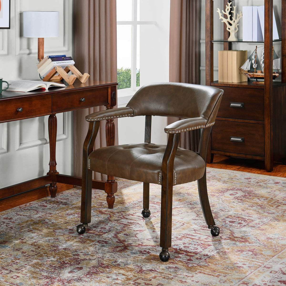 LEEMTORIG Large Dining Chairs with Casters and Arms, Rolling Dining Chairs with Wheels, Accent Game Poker Chairs, Wood Boss Caption's Chairs, 26“Dx25.2 Wx31.5“H, Cherry Legs & Ivory PU, SY-1533-WT