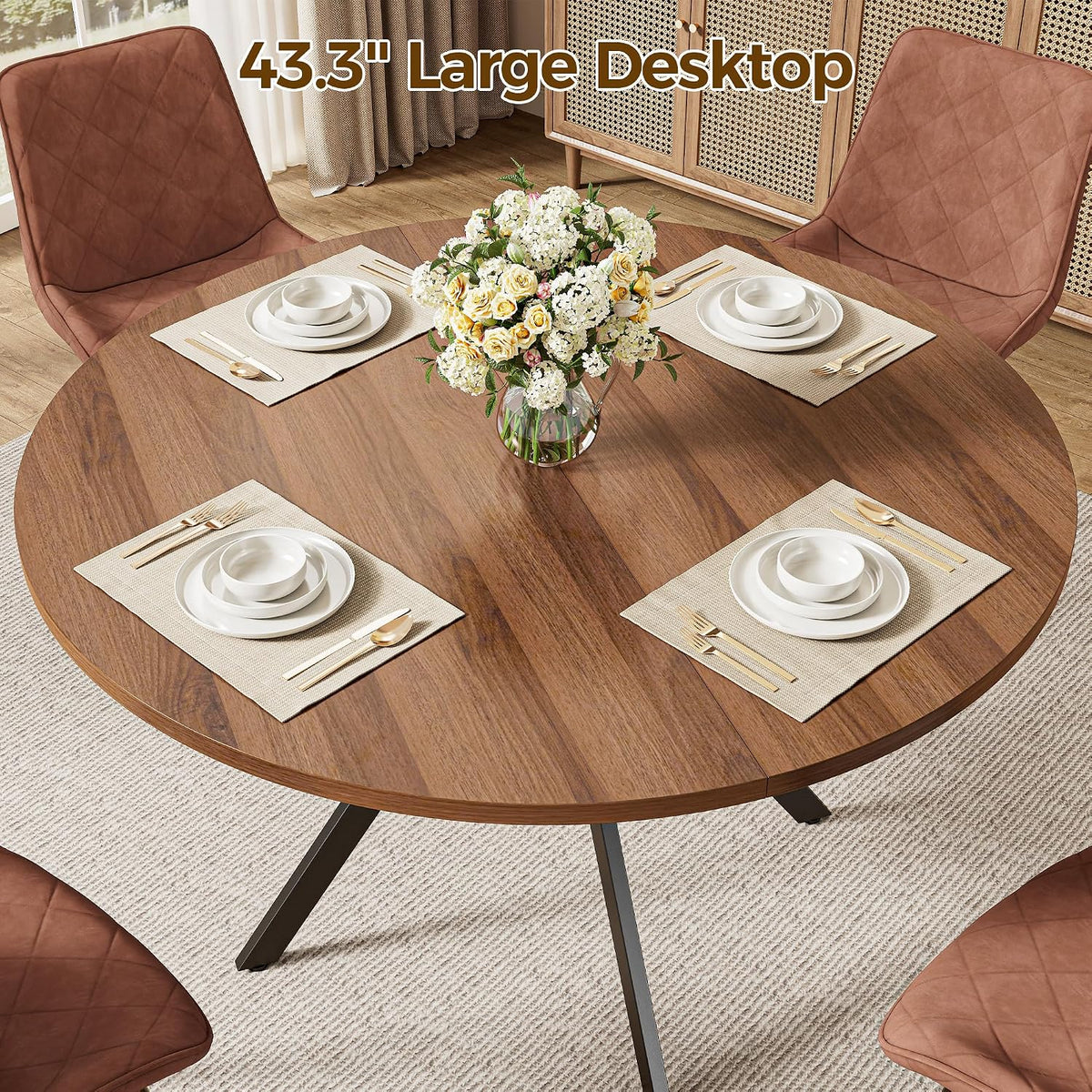 IRONCK Round Dining Table for 4, 43" Farmhouse Kitchen Table with Storage