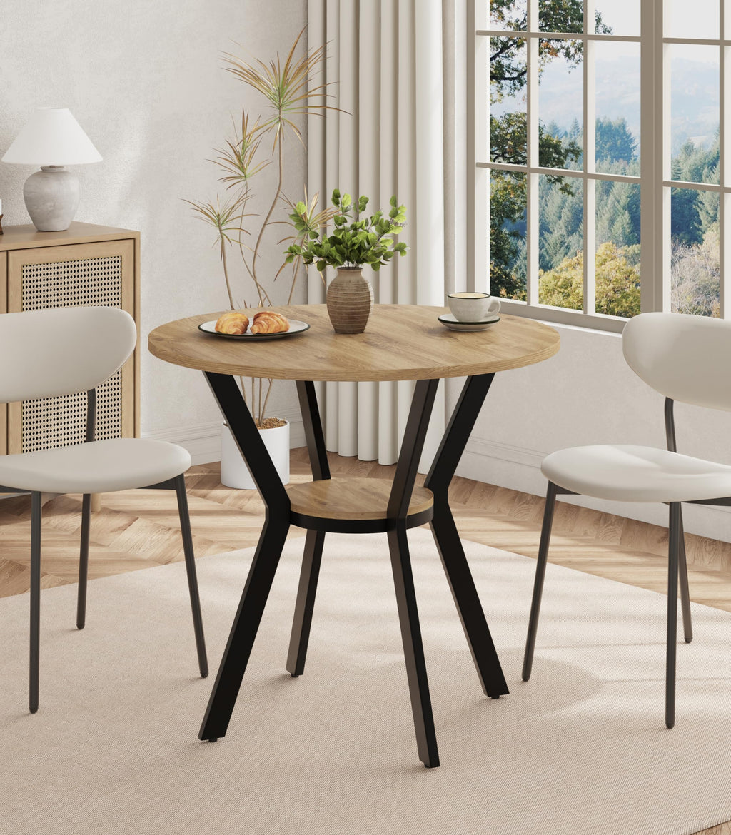 42" Round Dining Table for 4, Farmhouse Kitchen Table with Storage, Space Saving Circle Dinner Table, Rustic Wood Kitchen & Dining Room Tables with Metal Legs for Home, Apartment, Office, Restaurant