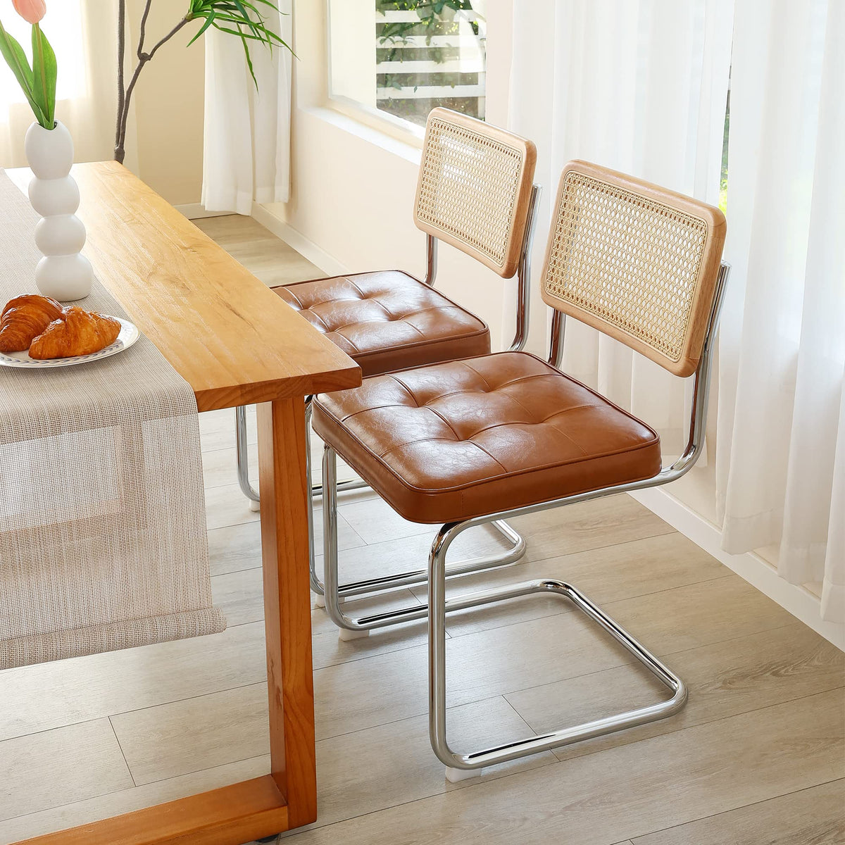 ONEVOG Faux Leather Dining Chairs Set of 2, Mid-Century Modern Kitchen Chairs with Natural Rattan Back and Non-Slip Metal Legs, 19" Upholstered Armless Dining Room Chairs, Caramel Brown