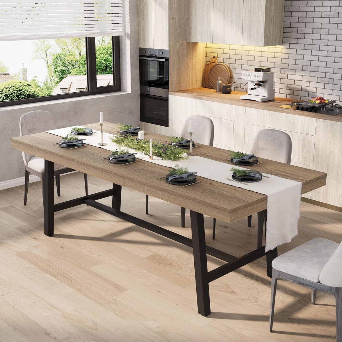 GarveeHome 63-83" Extendable Dining Table, Industrial Rectangular Dining Room Table for 6-8 People, Expandable Kitchen Table with Heavy Duty Metal Frame for Dining Room, Kitchen & Parties, Rustic Pear