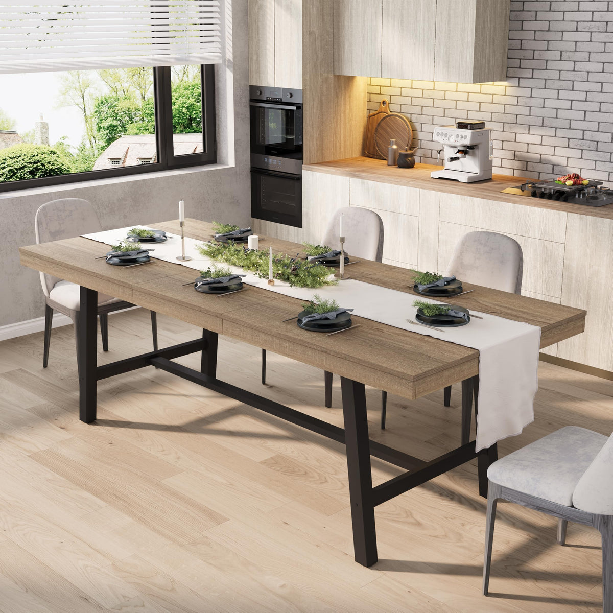 GarveeHome 63-83" Extendable Dining Table, Industrial Rectangular Dining Room Table for 6-8 People, Expandable Kitchen Table with Heavy Duty Metal Frame for Dining Room, Kitchen & Parties, Rustic Pear