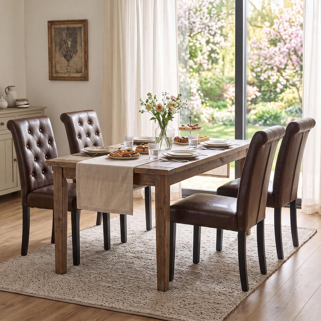 LSSPAID Dining Chairs Set of 6, Modern Armless Parsons Side Chairs, Upholstered Button-Tufted PU Leather Dining Kitchen Chairs with Solid Wood Legs, Brown