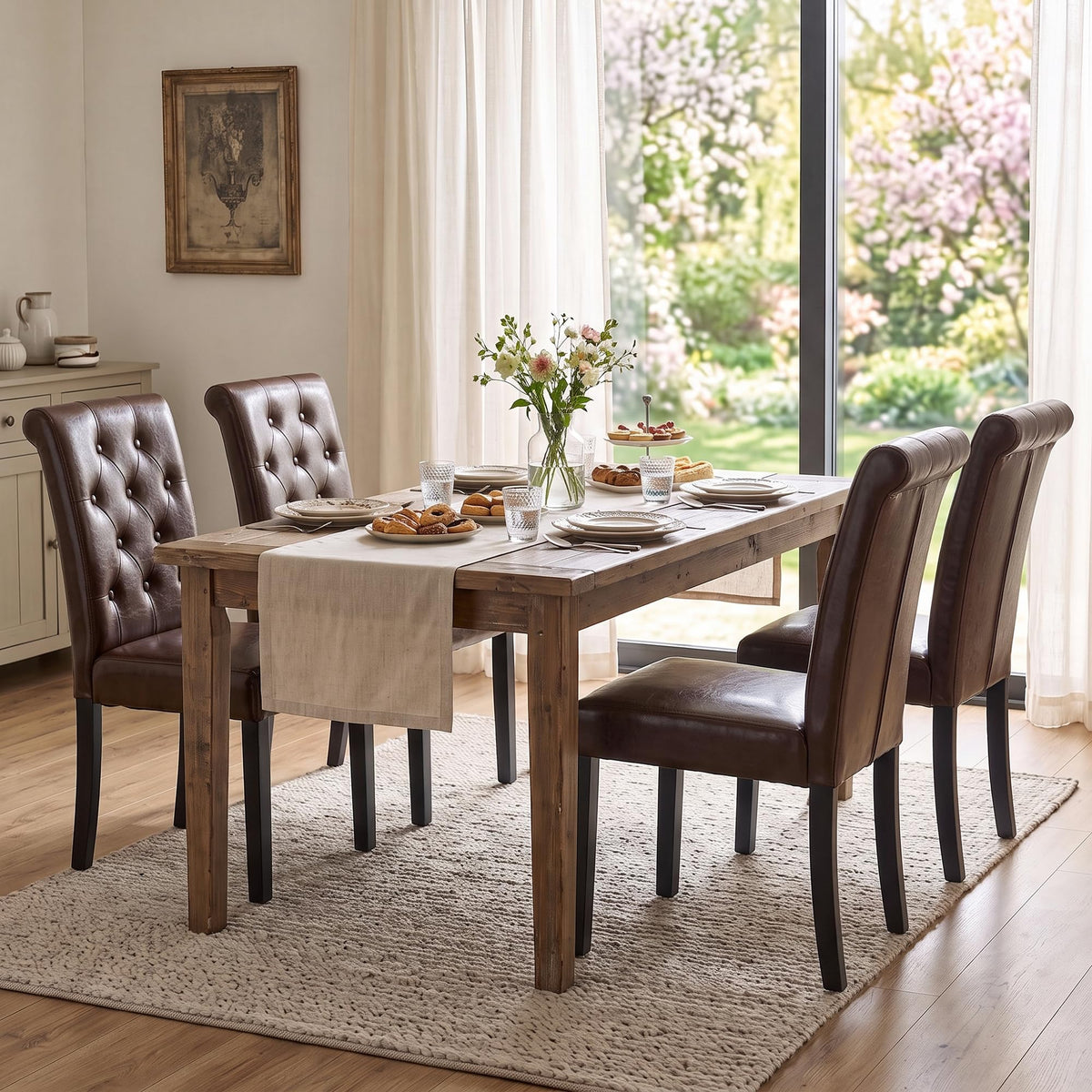 LSSPAID Dining Chairs Set of 6, Modern Armless Parsons Side Chairs, Upholstered Button-Tufted PU Leather Dining Kitchen Chairs with Solid Wood Legs, Brown