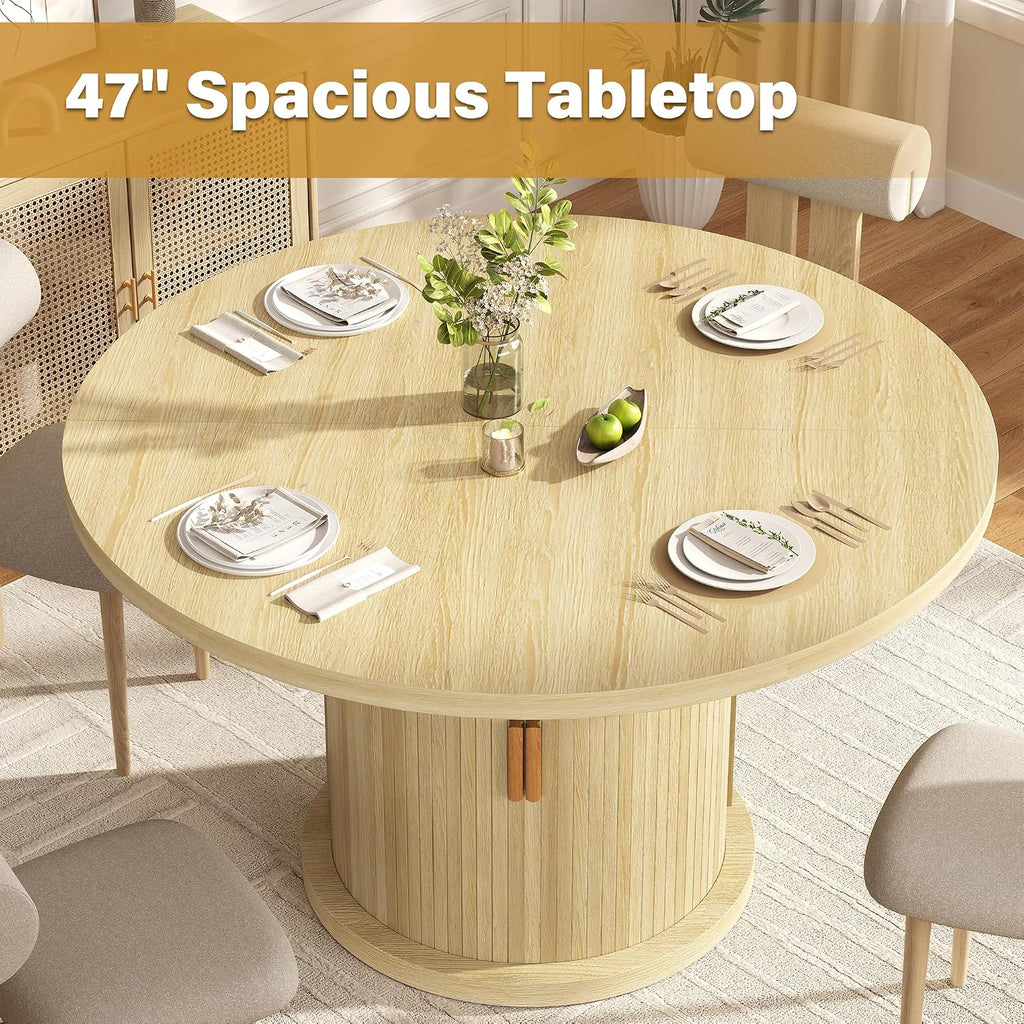 47.24" Round Dining Table for 4, Farmhouse Fluted Kitchen Tables Dining Room Circle Dinner Table, Modern Wood Kitchen & Dining Room Tables