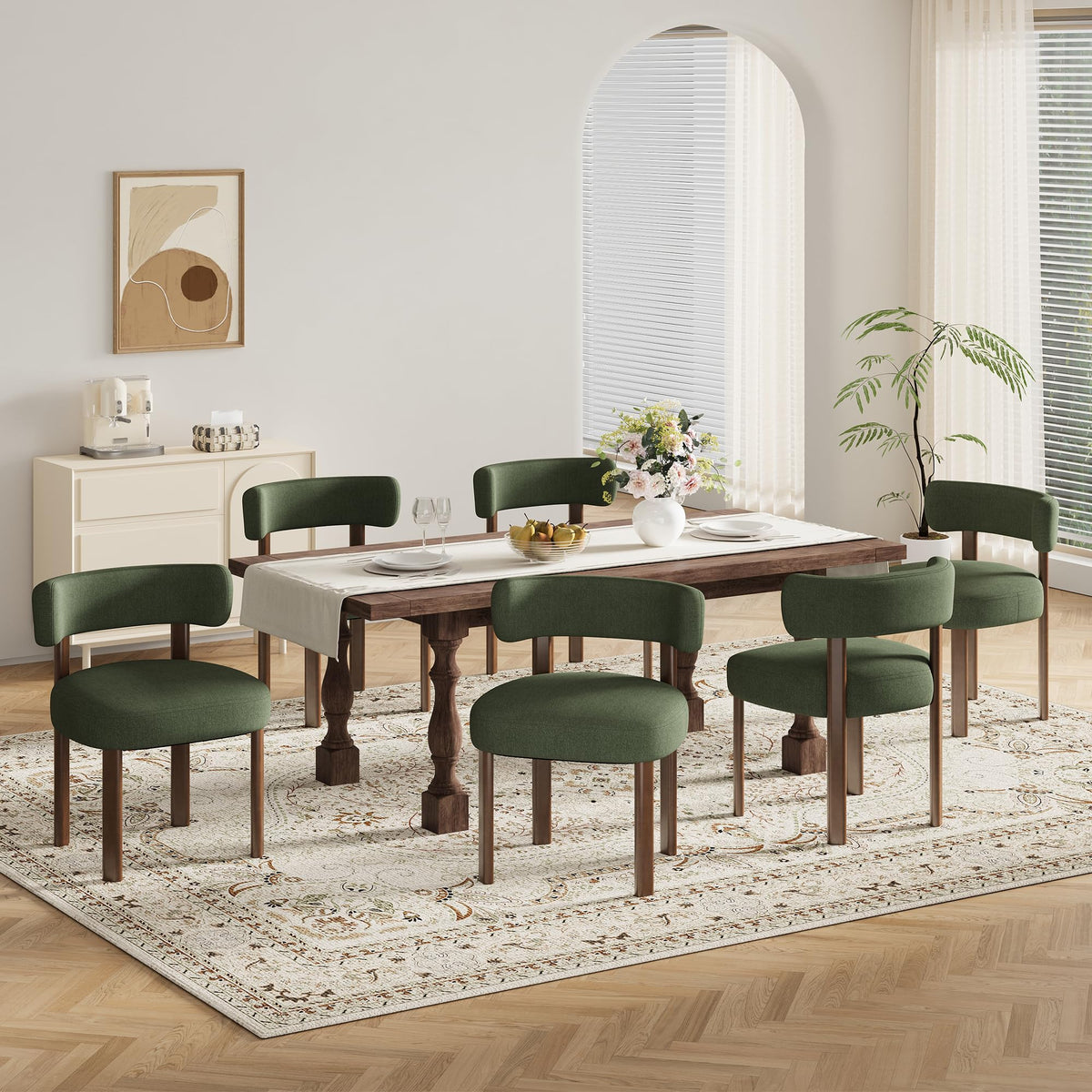 Wooden Dining Chairs Set of 2, Upholstered Kitchen Chairs with Solid Wood Legs, Mid Century Dining Room Chair with Ergonomic Curved Backrest for Kitchen Dining Vanity, Green