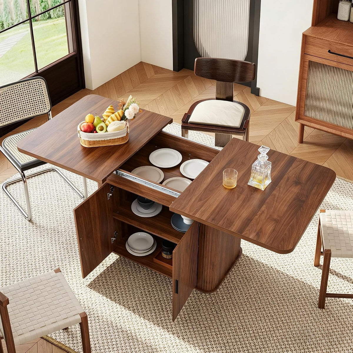 weselon 55"-71" Extendable Dining Table with Storage, Expandable Kitchen Table for 4-6, Space Saving Dining Room Table with Hidden Storage Cabinet, Adjustable Shelves & Fluted Base (Walnut)
