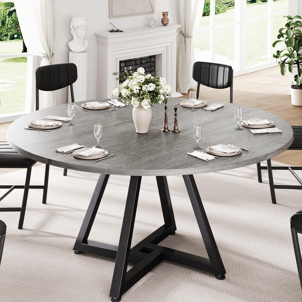 Jocoevol 51" Round Dining Table Kitchen Dining Room Circle Dinner Pedestal Table for 4 6 8, Space Saving Wood Kitchen & Dining Room Furniture (Rustic Brwon)