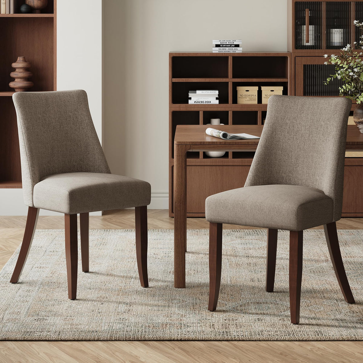COLAMY Upholstered Dining Chairs Set of 6, Mid Century Modern Kitchen Chairs with Back, Farmhouse Fabric Side Dining Room Chairs with Wood Legs for Dining Room Restaurant, Brown
