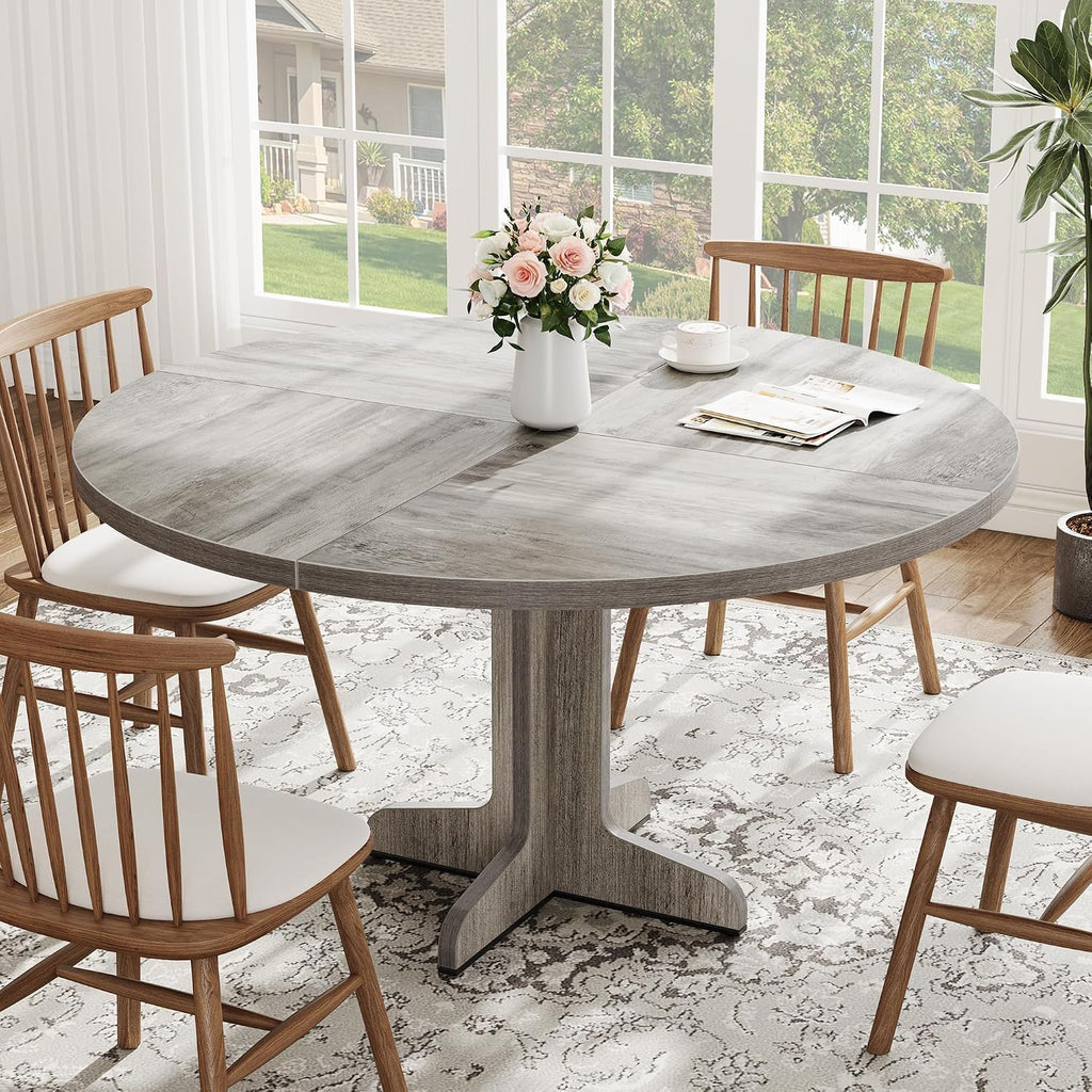 47" Round Dining Table for 4, Farmhouse Kitchen Dining Room Table, Grey