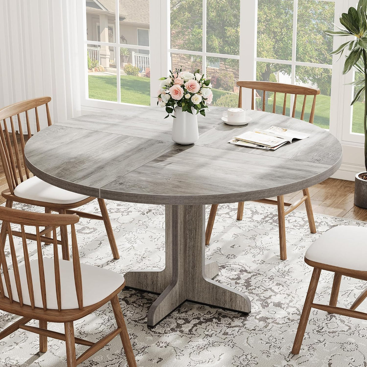 47" Round Dining Table for 4, Farmhouse Kitchen Dining Room Table, Grey