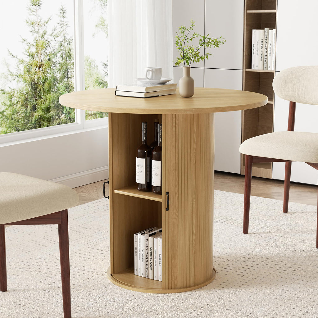 47 inch Round Dining Table for 4-6, Dinner Table with 2-Layer Storage Shelf, Morden Circle Kitchen Table with Wooden Strip Base and Wood Slide Door for Home Dining Room, Living Room, Walnut