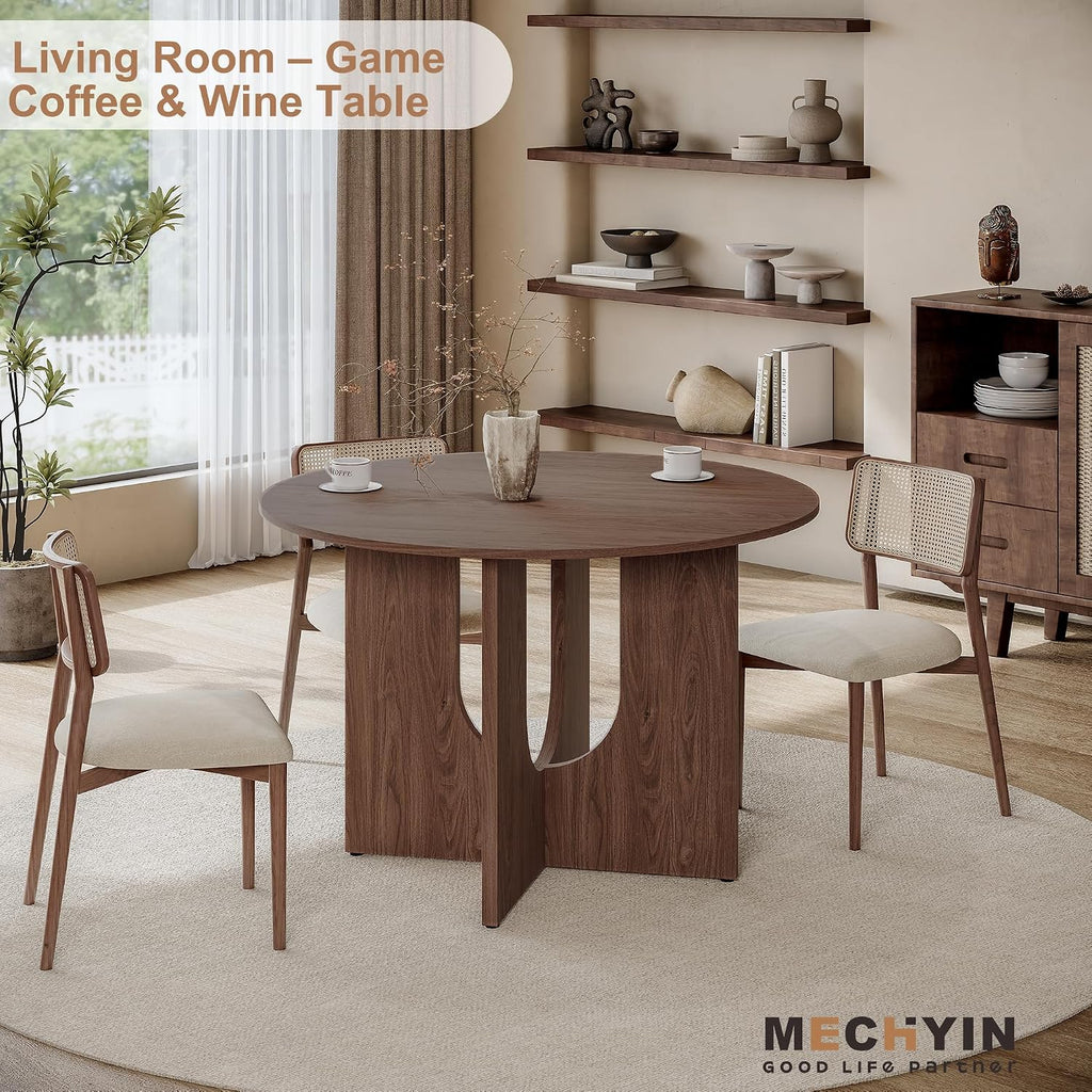 MECHYIN Round Dining Table for 4, 43" Mid Century Kitchen Table with Sculptural U-Shaped Pedestal Base, Walnut Dinner Table for Kitchen, Dining Room, Apartment