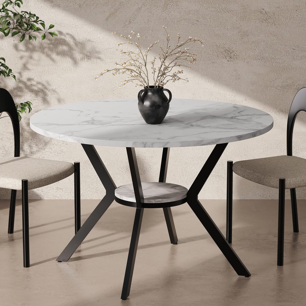42" Round Dining Table for 4, Farmhouse Kitchen Table with Storage, Space Saving Circle Dinner Table, Rustic Wood Kitchen & Dining Room Tables with Metal Legs for Home, Apartment, Office, Restaurant