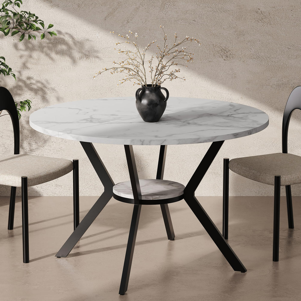 42" Round Dining Table for 4, Farmhouse Kitchen Table with Storage, Space Saving Circle Dinner Table, Rustic Wood Kitchen & Dining Room Tables with Metal Legs for Home, Apartment, Office, Restaurant