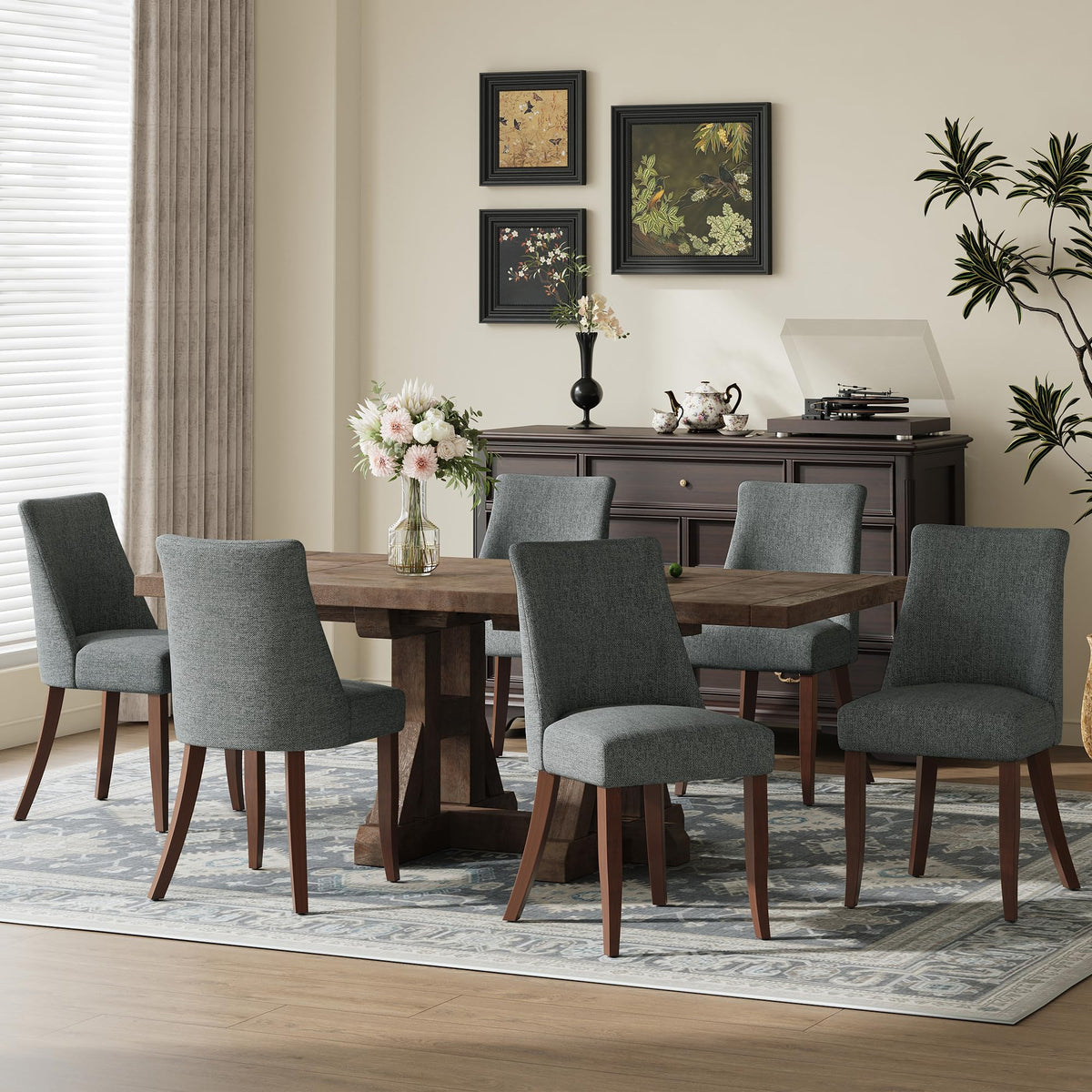 COLAMY Upholstered Dining Chairs Set of 6, Mid Century Modern Kitchen Chairs with Back, Farmhouse Fabric Side Dining Room Chairs with Wood Legs for Dining Room Restaurant, Brown