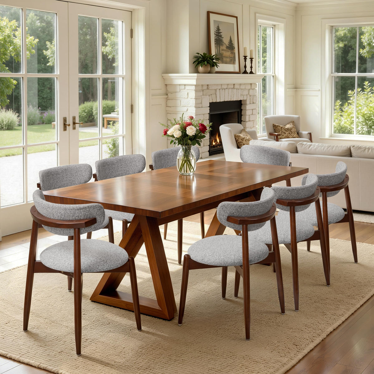 CHUN YI Dining Chairs Set of 4, Upholstered Wooden Dining Room Chairs, Mid Century Modern Fabric Kitchen Chair with Ergonomic Curved Backrest, Beige (Only Chairs)