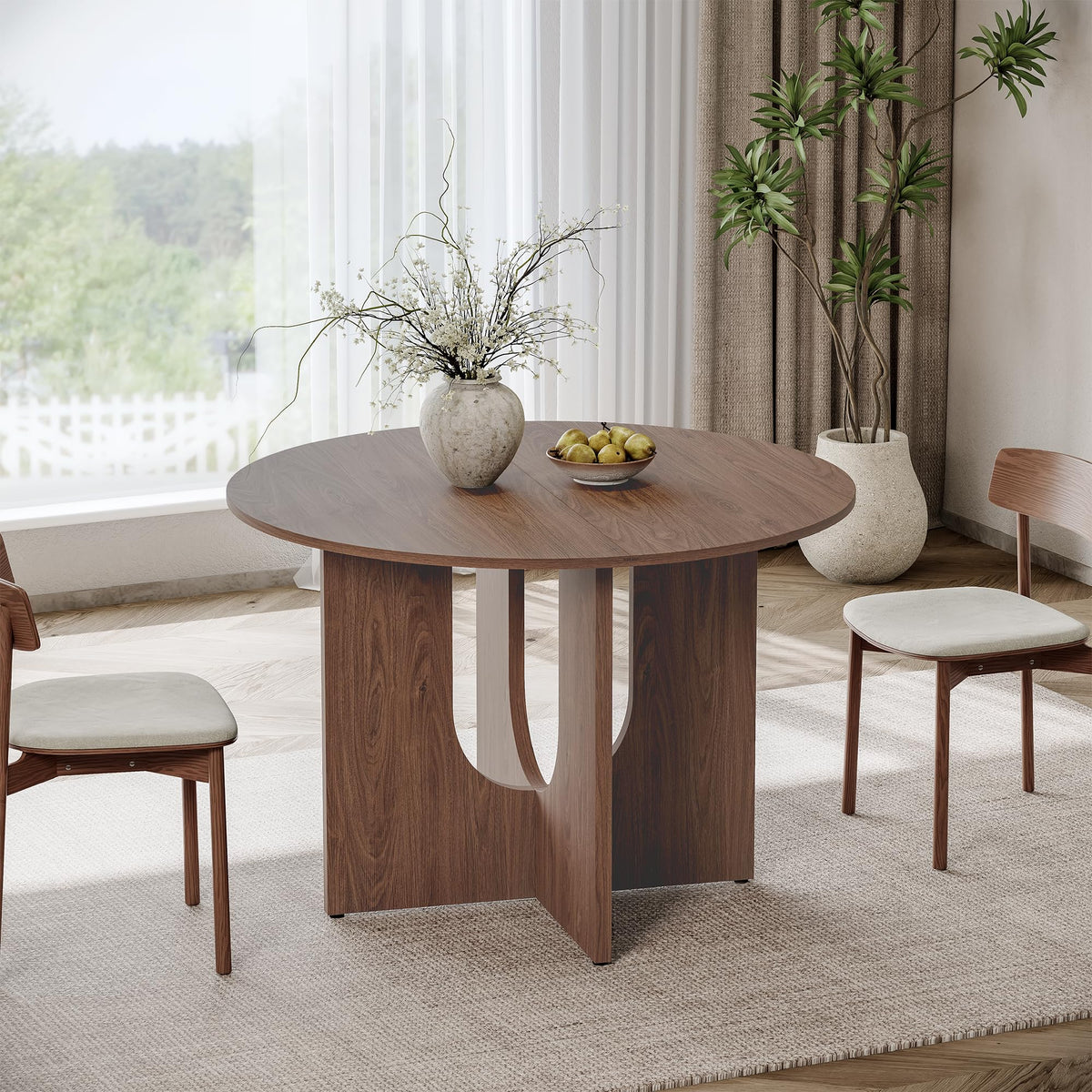 MECHYIN Round Dining Table for 4, 43" Mid Century Kitchen Table with Sculptural U-Shaped Pedestal Base, Walnut Dinner Table for Kitchen, Dining Room, Apartment
