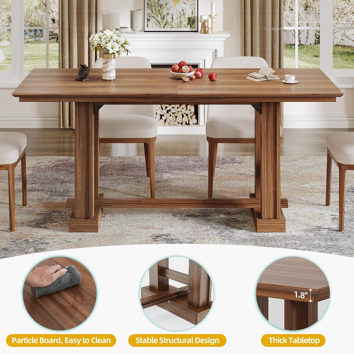 DWVO 70" Farmhouse Rectangular Dining Table for 6-8, Wooden, Dark Walnut