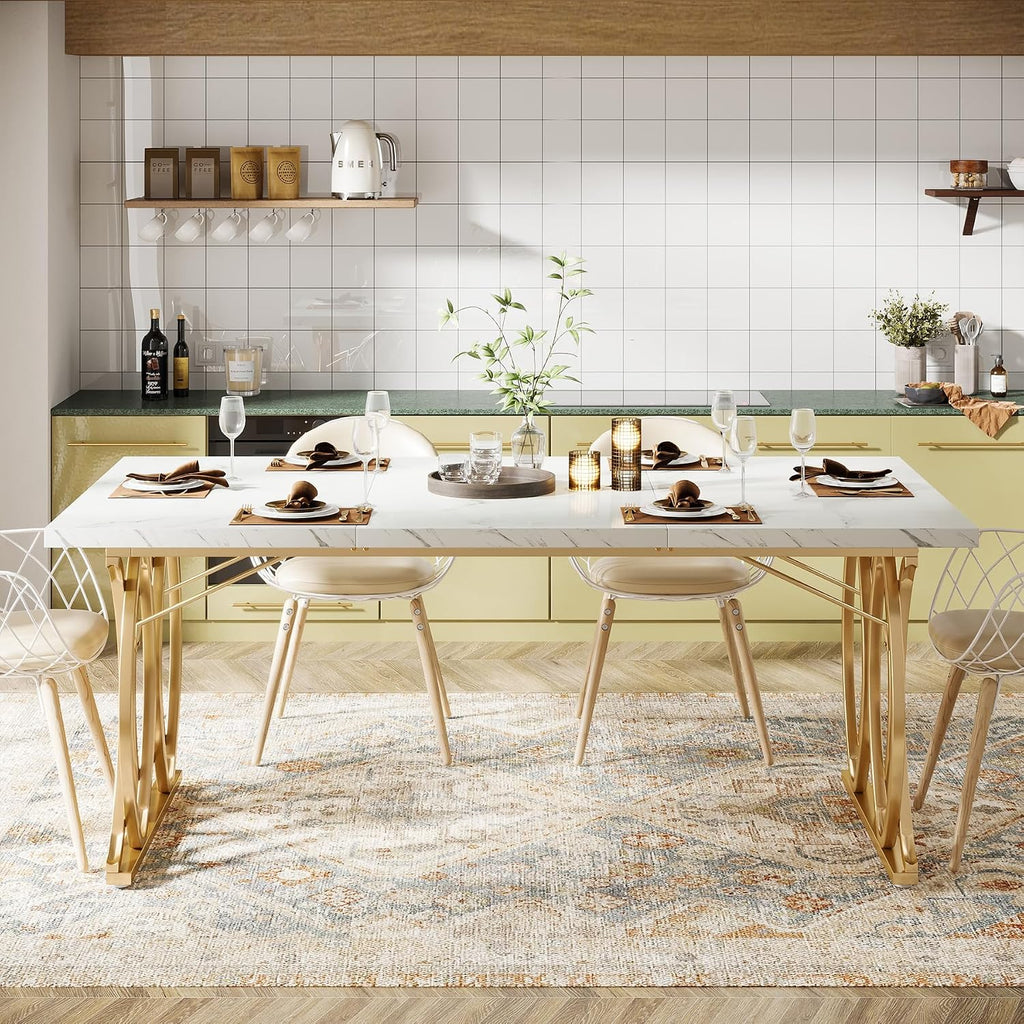 Tribesigns 63" Dining Table for 4 to 6, White and Gold Kitchen Table