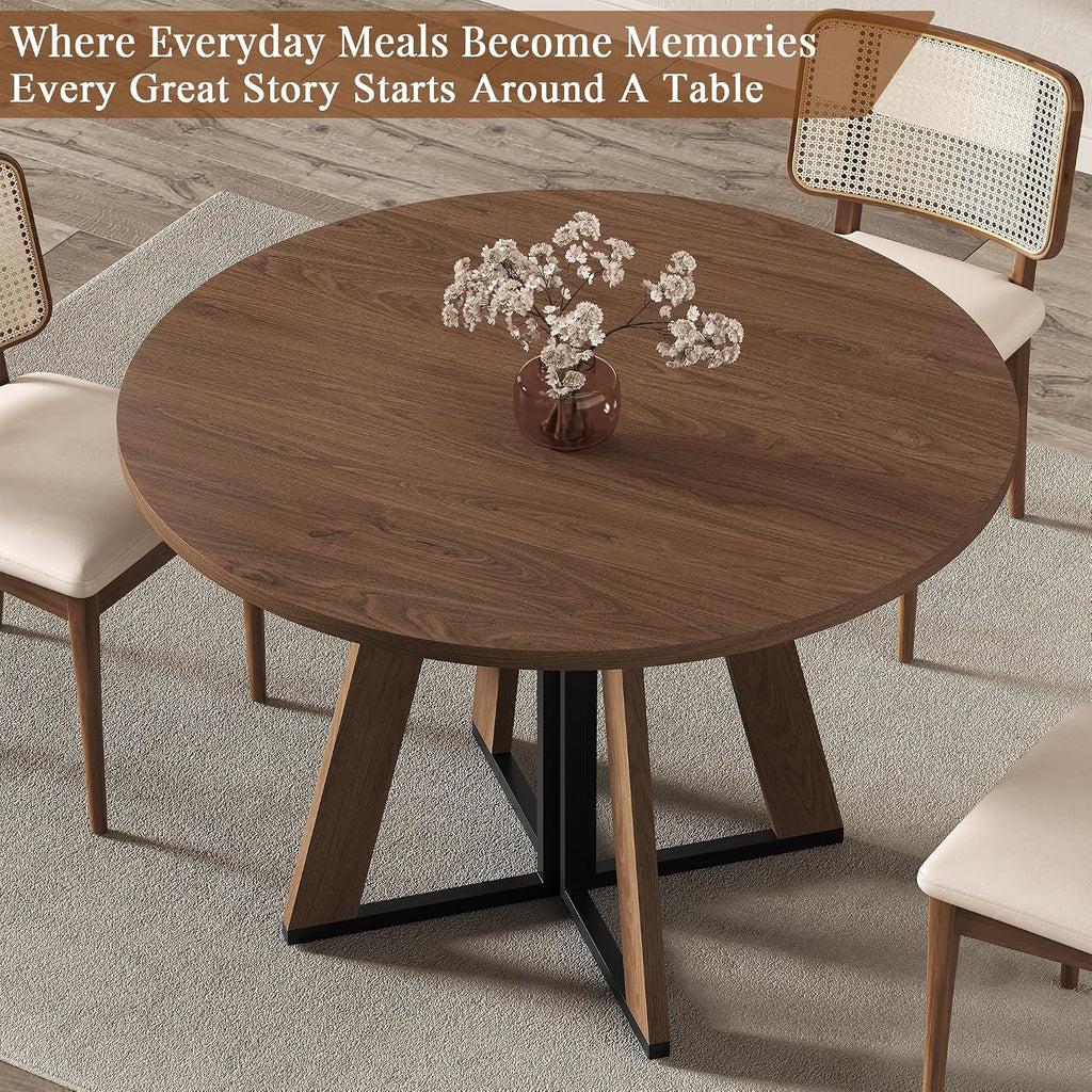 MECHYIN 42 inch Round Dining Table for 4, Farmhouse Kitchen Table, Round Dining Room Table with Metal Legs for Small Spaces & Apartment, Space-Saving Circle Wood Dinner Table, Walnut
