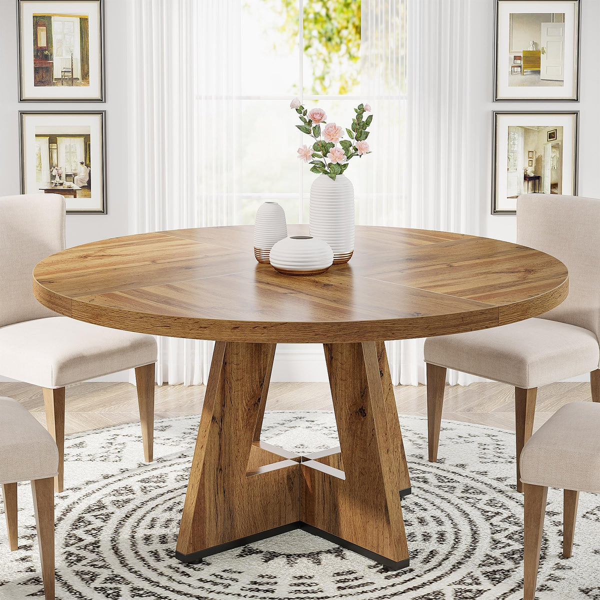 Tribesigns 47 inch Round Dining Table Wood Kitchen Table for Dining Room, 47" Dinner Room Tables for 4-6, Farmhouse Accent Furniture with Wooden Tabletop and Cross Base, Black