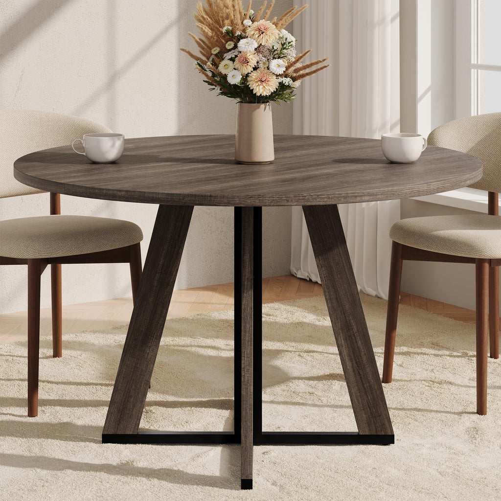 MECHYIN 42 inch Round Dining Table for 4, Farmhouse Kitchen Table, Round Dining Room Table with Metal Legs for Small Spaces & Apartment, Space-Saving Circle Wood Dinner Table, Walnut