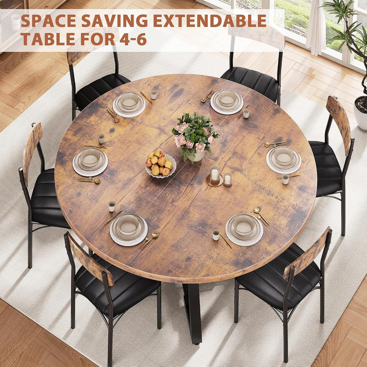43‘’-57‘’ Extendable Round Dining Table for 4-6, Modern Industrial Kitchen Oval Dining Table with Removable Leaves, Space Saving Pedestal Base with Storage Shelf for Kitchen Living Room (Rustic)