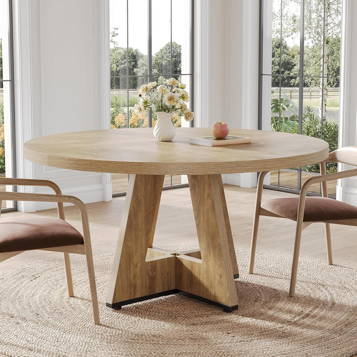 LITTLE TREE Round Dining Table for 4-6 People, 47 Inches Dining Room Table with Wooden Pedestal Base, Circle Kitchen Tables for Dining Room, Kitchen, Living Room, Oak