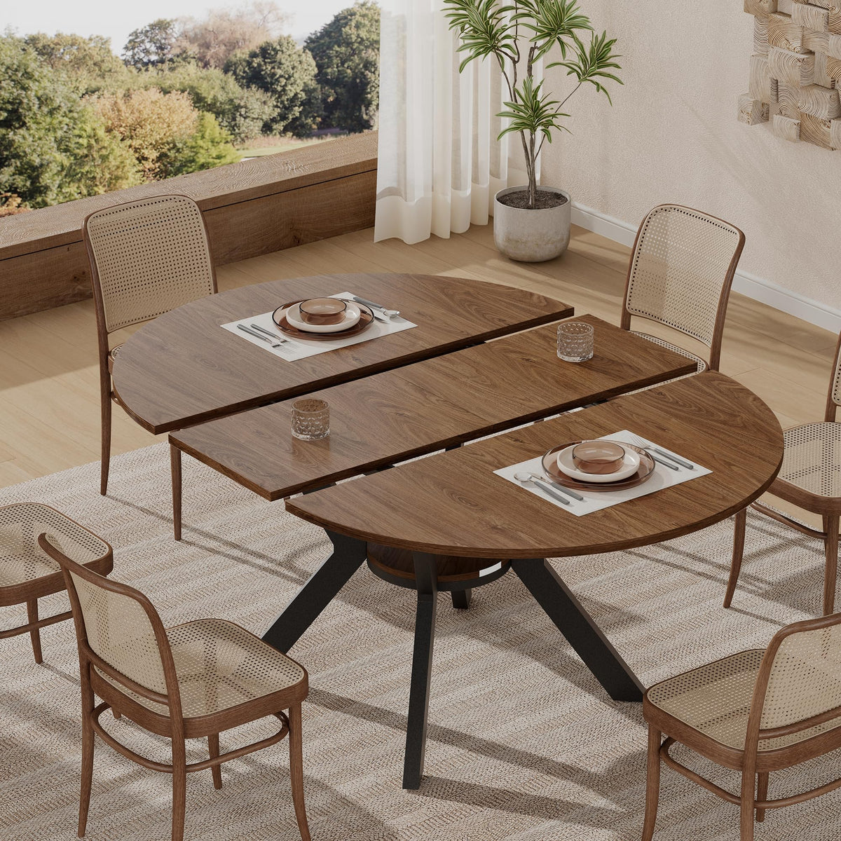 42"-58" Extendable Round Dining Table for 4-6, Kitchen Oval Table with Built-in Flip Leaf & Storage Shelf, Space Saving Modern Design with Sturdy Metal Legs for Kitchen, Living Room & Small Apartments