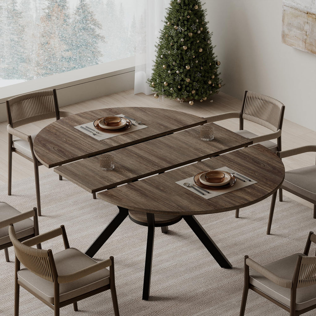 42"-58" Extendable Round Dining Table for 4-6, Kitchen Oval Table with Built-in Flip Leaf & Storage Shelf, Space Saving Modern Design with Sturdy Metal Legs for Kitchen, Living Room & Small Apartments