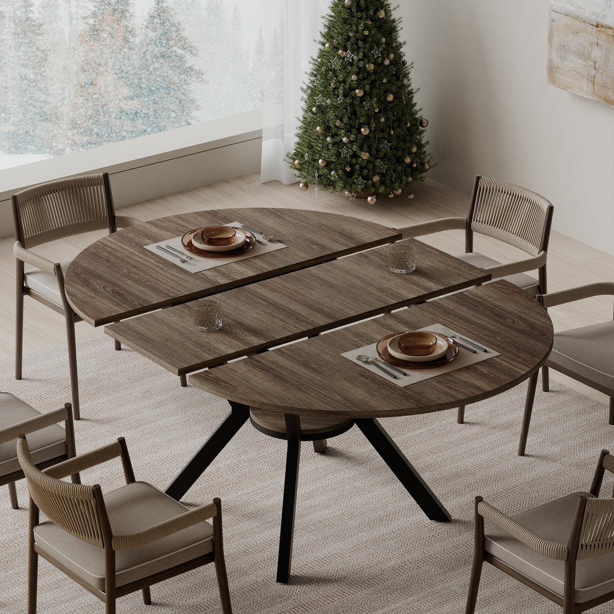 42"-58" Extendable Round Dining Table for 4-6, Kitchen Oval Table with Built-in Flip Leaf & Storage Shelf, Space Saving Modern Design with Sturdy Metal Legs for Kitchen, Living Room & Small Apartments