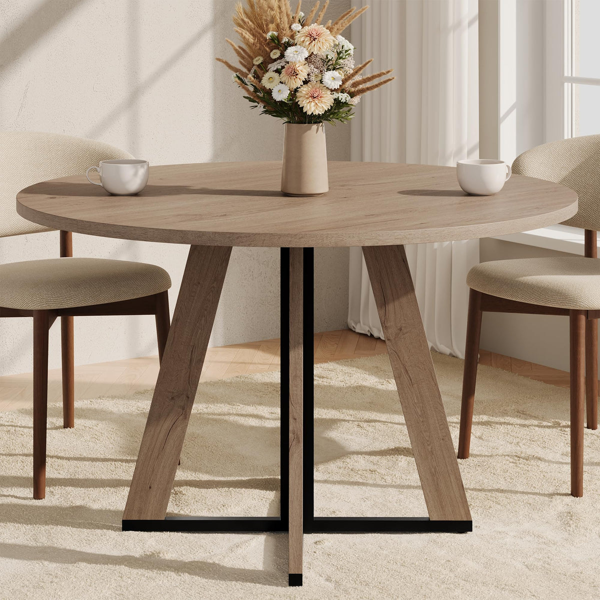 MECHYIN 42 inch Round Dining Table for 4, Farmhouse Kitchen Table, Round Dining Room Table with Metal Legs for Small Spaces & Apartment, Space-Saving Circle Wood Dinner Table, Walnut
