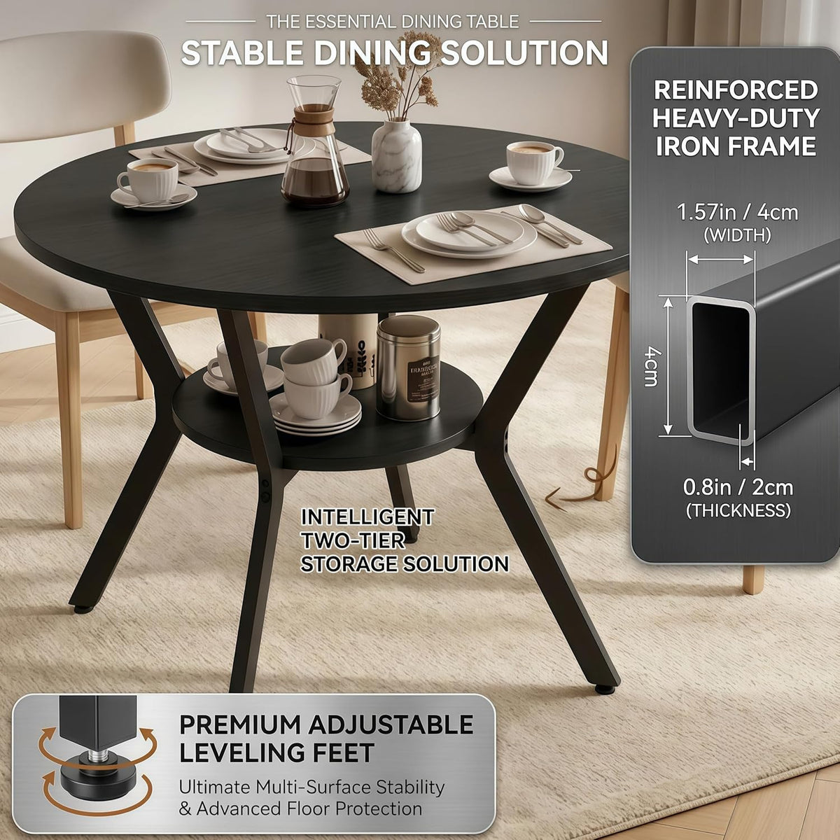 42" Round Dining Table for 4,Kitchen & Dining Tables with Storage,black
