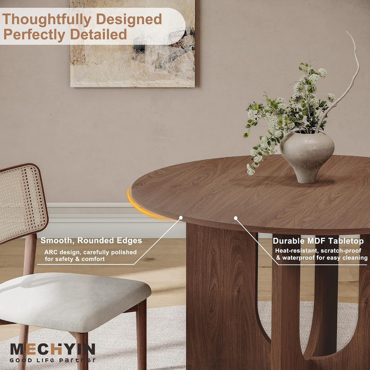 MECHYIN Round Dining Table for 4, 43" Mid Century Kitchen Table with Sculptural U-Shaped Pedestal Base, Walnut Dinner Table for Kitchen, Dining Room, Apartment