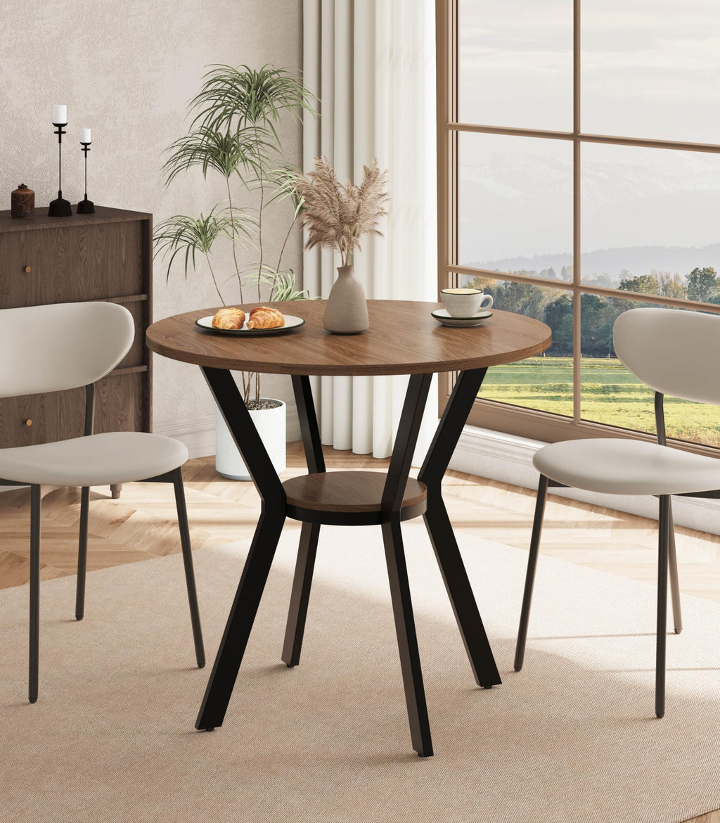 42" Round Dining Table for 4, Farmhouse Kitchen Table with Storage, Space Saving Circle Dinner Table, Rustic Wood Kitchen & Dining Room Tables with Metal Legs for Home, Apartment, Office, Restaurant