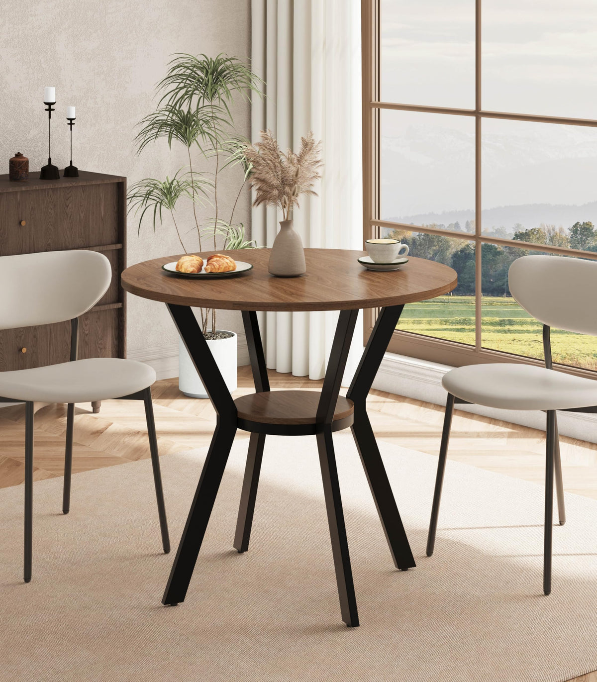 42" Round Dining Table for 4, Farmhouse Kitchen Table with Storage, Space Saving Circle Dinner Table, Rustic Wood Kitchen & Dining Room Tables with Metal Legs for Home, Apartment, Office, Restaurant