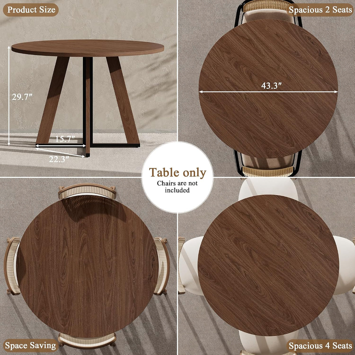 MECHYIN 42 inch Round Dining Table for 4, Farmhouse Kitchen Table, Round Dining Room Table with Metal Legs for Small Spaces & Apartment, Space-Saving Circle Wood Dinner Table, Walnut