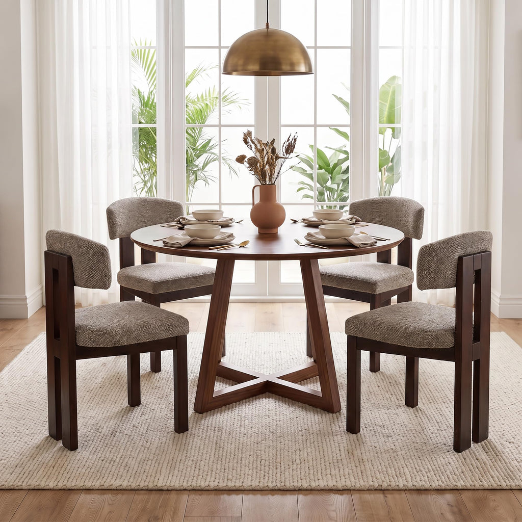 COLAMY Upholstered Dining Chairs Set of 6, Solid Wood Wobble-Free Modern Kitchen Accent Seating for Long Family Dinners, Mid Century Beige Fabric & Walnut Finish,Camel