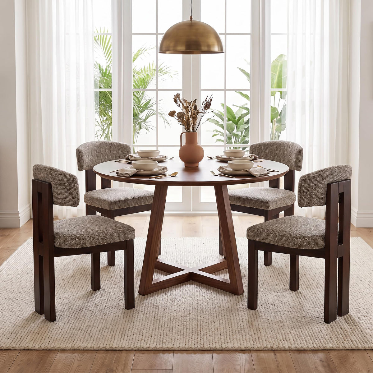 COLAMY Upholstered Dining Chairs Set of 6, Solid Wood Wobble-Free Modern Kitchen Accent Seating for Long Family Dinners, Mid Century Beige Fabric & Walnut Finish,Camel