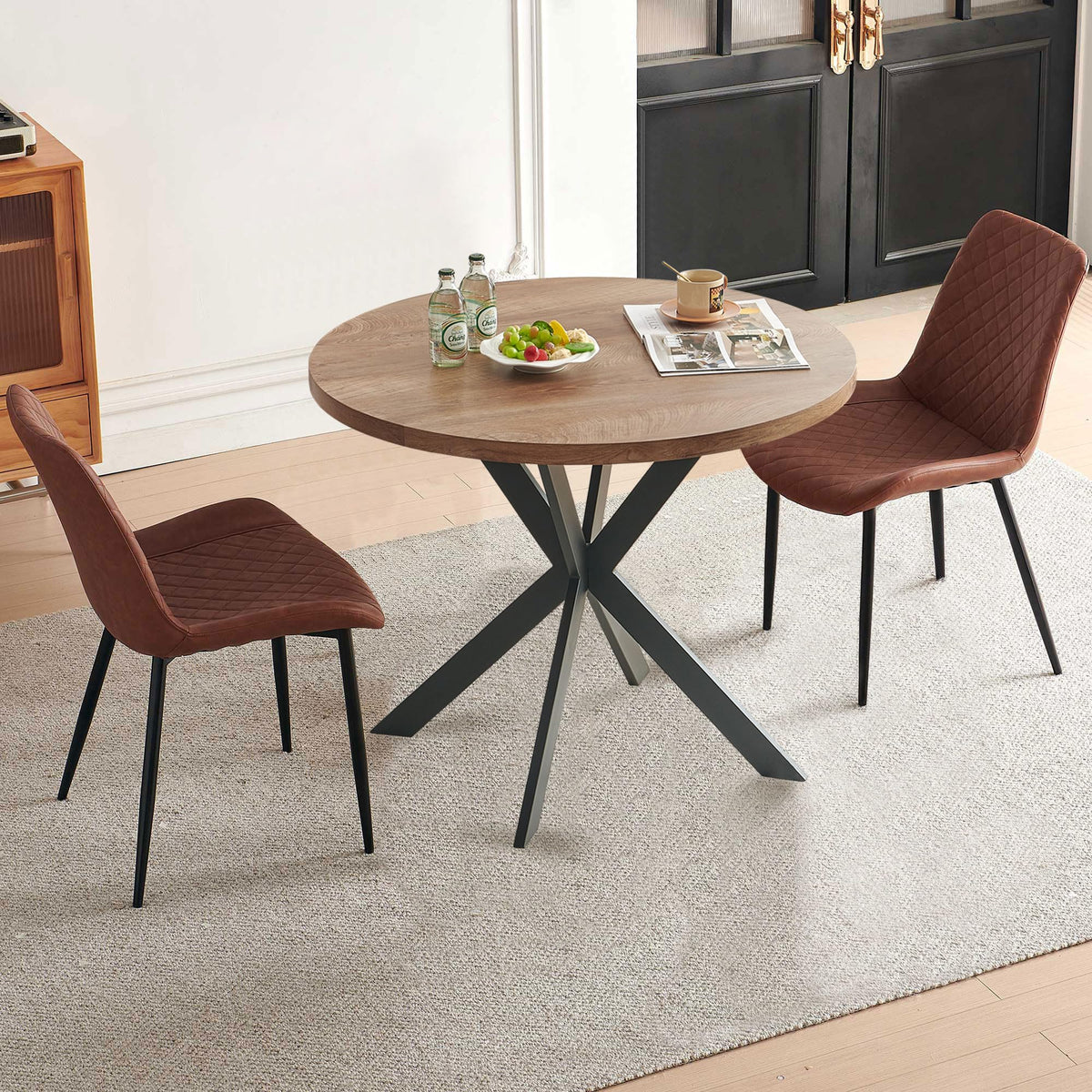 PU Leather Dining Chairs Set of 4, Modern Armless Dining Room Chairs, Comfy Upholstered Kitchen Chairs with Backrest, Black Metal Legs for Living Room, Dinning Room, Beige