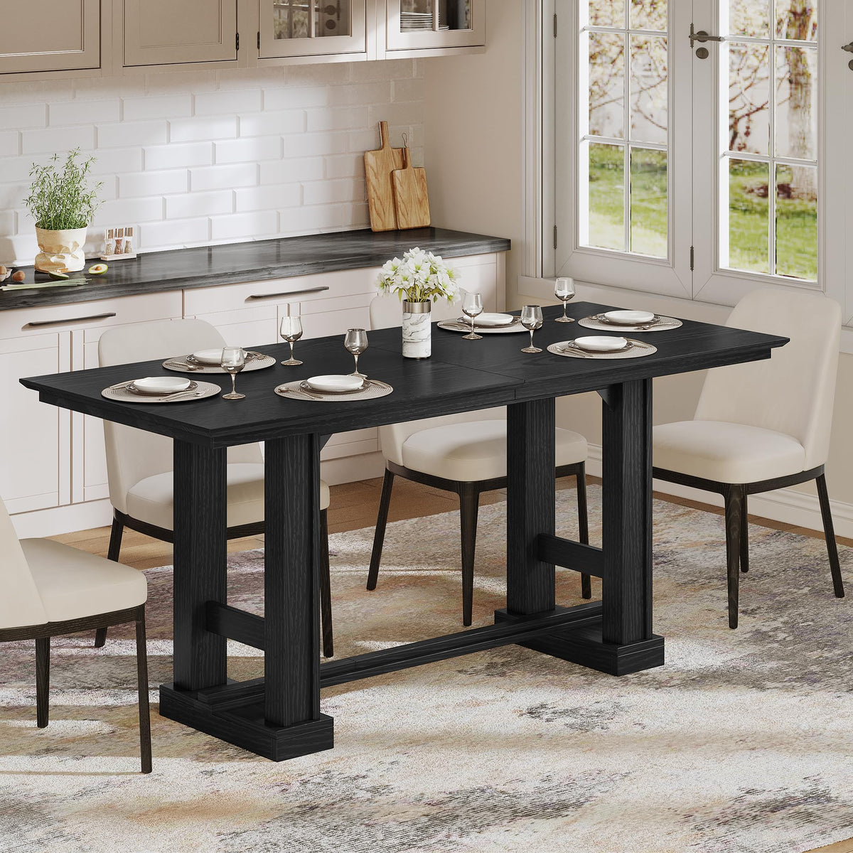 DWVO 70" Farmhouse Rectangular Dining Table for 6-8, Wooden, Dark Walnut