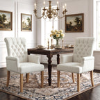 WUTUTUEE Fabric Dining Chair with Arms, Upholstered Tufted High Back Dining Room Chairs, Accent Armchair with Solid Wood Leg and Nailhead Trim, Kitchen Dining Living Room, Beige