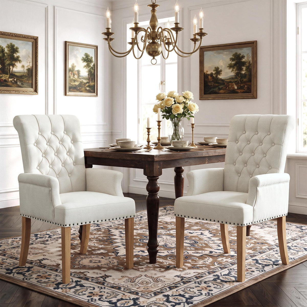 WUTUTUEE Fabric Dining Chair with Arms, Upholstered Tufted High Back Dining Room Chairs, Accent Armchair with Solid Wood Leg and Nailhead Trim, Kitchen Dining Living Room, Beige